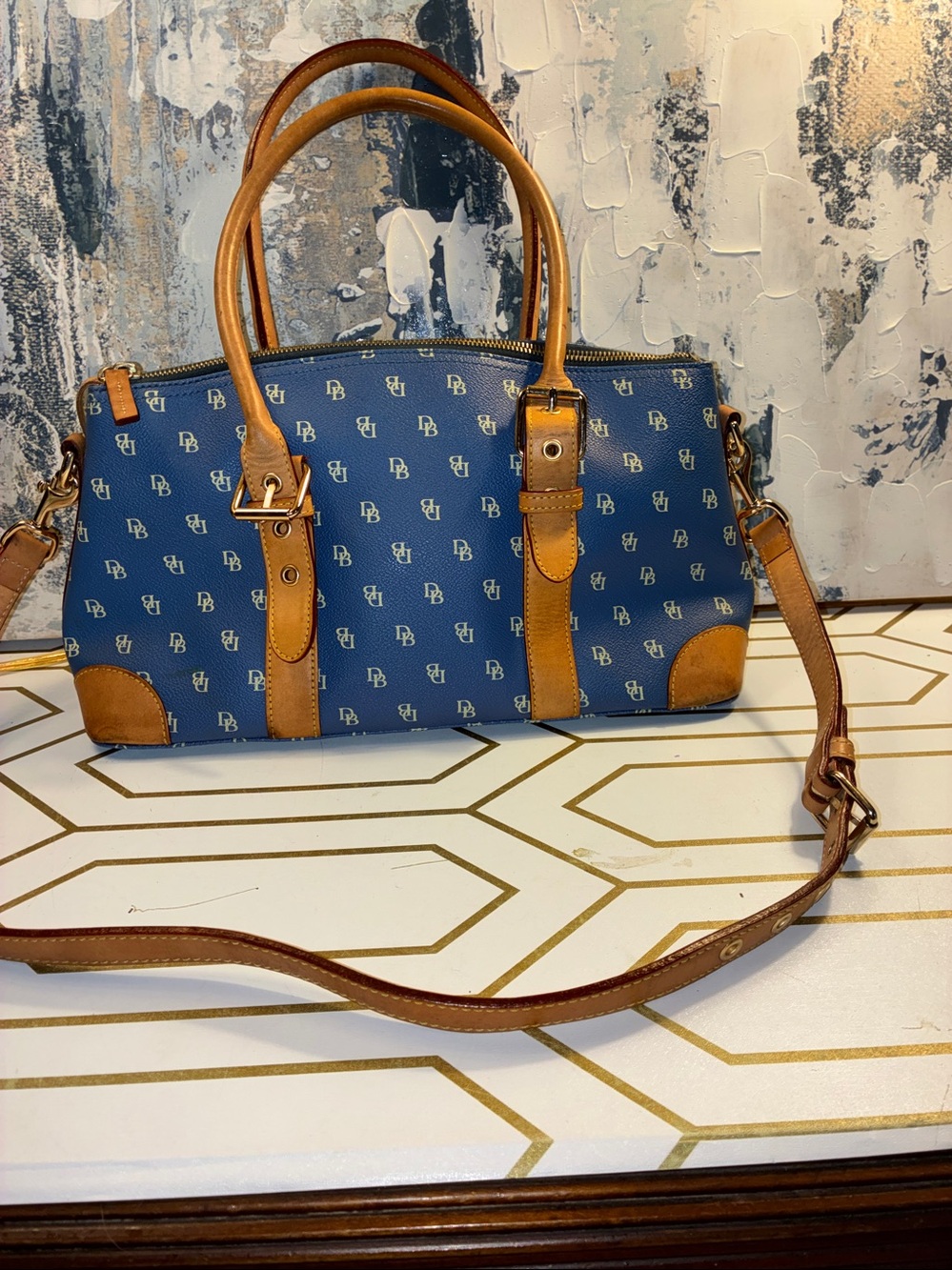 EUC Vintage Dooney and Bourke Blue Monogram Satchel with Tan Trim